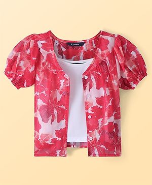 Pine Kids Woven Half Puffed Sleeves Floral Printed Top with Inner - Dark Pink & White
