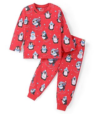 Babyhug Cotton Knit Full Sleeves Night Suit Penguin Print - Red