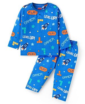 Babyhug Cotton Knit Full Sleeves Text Printed Night Suit - Blue