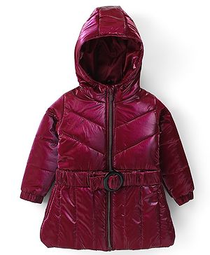 Babyhug Woven Full Sleeves Padded Hooded Jacket with Quilted Design & Solid Colour - Wine