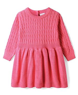 Babyhug Knitted Full Sleeves Solid  Woollen Dress with Cable Knit Design - Dark Pink