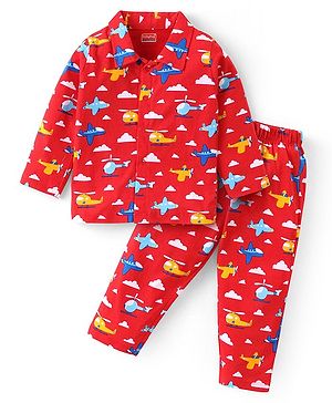 Babyhug Cotton Knit Full Sleeves Night Suit With Airplanes Print - Red