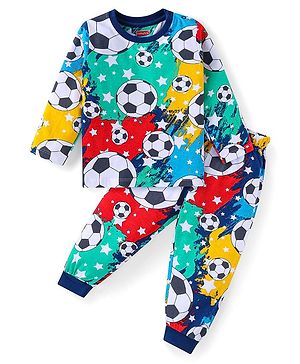 Babyhug Cotton Knit Full Sleeves Night Suit With Footballs Print - Navy