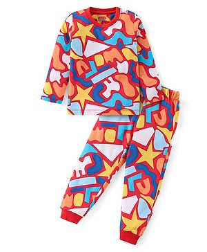 Babyhug Cotton Knit Full Sleeves Night Suit With Abstract Print - Red