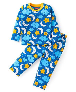 Babyhug Cotton Knit Full Sleeves Night Suit With Moon & Stars Print - Blue