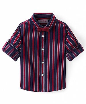 Babyhug Cotton Woven Full Sleeves Shirt with Stripes & Bow Applique - Red & Navy Blue