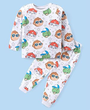 Babyhug Cotton Knit Full Sleeves Night Suit with Monkey & Bear Print - White