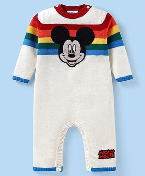 Babyhug Disney Knit Full Sleeves Winter Wear Striped Romper with Mickey Mouse Graphics -White