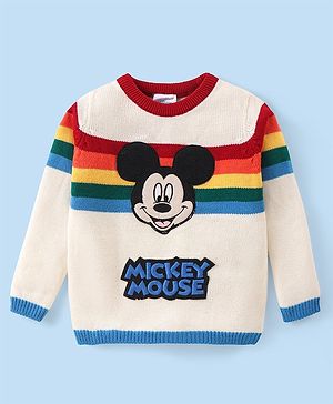 Babyhug Disney Knitted Full Sleeves Pullover Sweater with Stripes & Mickey Mouse Graphics - White