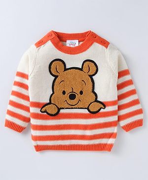 Babyhug Disney Knitted Full Sleeves Striped Design Pullover Sweater with Winnie The Pooh Patch - White & Orange