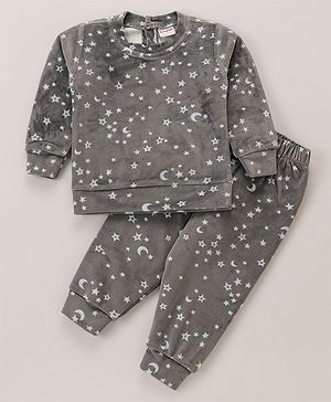 Babyhug Velour Woven Full Sleeves Winter Wear Co-Ord Set With Moon & Stars Print - Grey