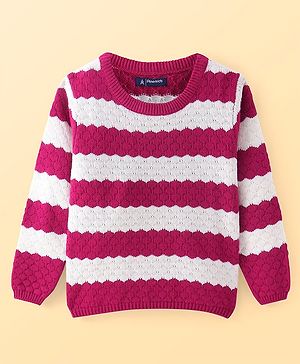 Pine Kids Knitted Full Sleeves Textured Pullover Sweater - White & Fuchsia