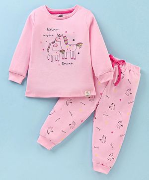 Pink Rabbit Interlock Knit Full Sleeves T-Shirt & Lounge Pants With Unicorn Print - Pink