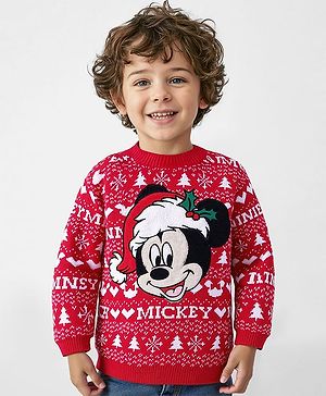 Babyhug Disney Knitted Full Sleeves Pullover Sweater With Mickey Mouse Design & Embroidery Detailing - Red