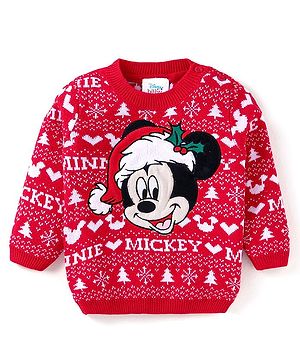 Babyhug Disney Knitted Full Sleeves Pullover Sweater With Mickey Mouse Design & Patch - Red