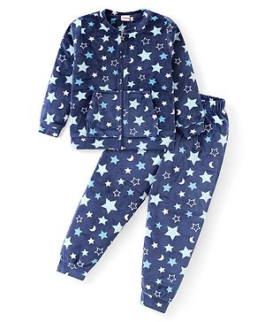 Babyhug Velour Woven Full Sleeves Front Zipper Winter Wear Co-Ord Set With Stars Print - Navy