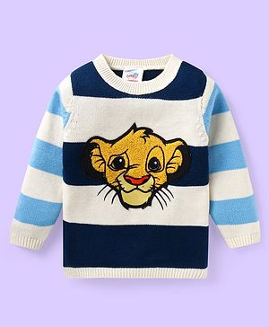 Babyhug Disney Knitted Full Sleeves Pullover Sweater with Stripes Design & Lion King Embroidery - White & Blue