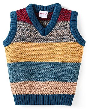 Babyhug Knitted  Sleeveless Striped Pullover Sweater Design - Dark Green Tan & Red