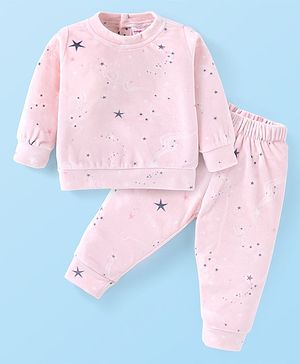 Babyhug Velour Knit Fulll Sleeves Stars Printed Winter Wear Co-Ord Set - Light Pink