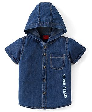 Babyhug Denim Half Sleeves Text Printed Hooded Shirt - Blue