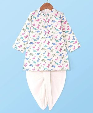 Babyhug 100% Cotton Woven Full Sleeves Dino Printed   Kurta & Dhoti Set - Cream