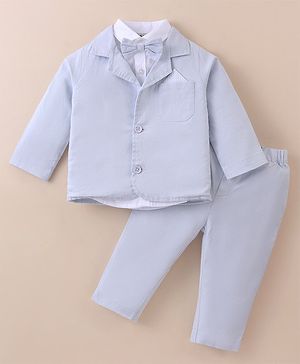 ToffyHouse Poplin Knit Full Sleeves Solid 3 Piece Party Suit With Bow - Light Blue