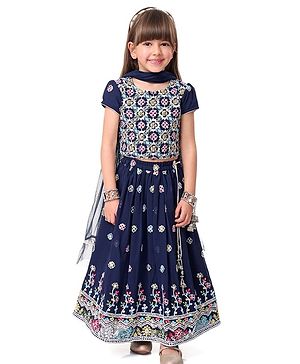 Babyhug Woven Half Sleeves Choli Lehenga & Dupatta Set With Sequin Embroidery & Tassel Detailing - Navy Blue