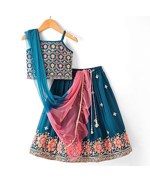 Babyhug Singlet Sleeves Abla  Embroidered Choli With Lehenga and Dupatta Set - Teal Blue