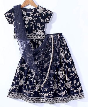 Babyhug Woven Short Sleeves Choli Lehenga & Dupatta Set with Floral Embroidery - Navy Blue