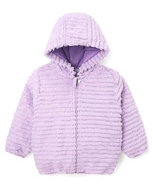 Babyhug Woven Full Sleeves Hooded Fur Winter Jacket with Solid Colour - Purple