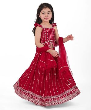 Babyhug Georgette  Woven Sleeveless Sequined Embroidered Choli Lehenga Set with Dupatta  - Maroon