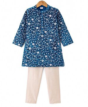 Babyhug Woven Full Sleeves Floral Embroidered Velvet Sherwani Kurta Pyjama Set - Teal