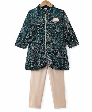 Babyhug Woven Full Sleeves Embroidered Velvet Sherwani Kurta Pyjama Set - Green