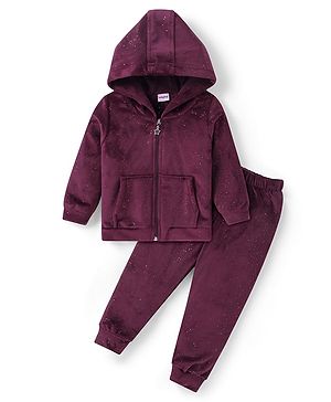 Babyhug Velour Woven Full Sleeves Glitter Printed Hooded Sweatjacket & Lounge Pant Set with Kangaroo Pockets - Wine