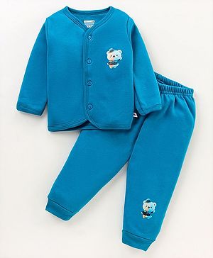 Bumzee Fleece Full Sleeves Teddy Bear Printed Winter Wear Set - Morpho Blue