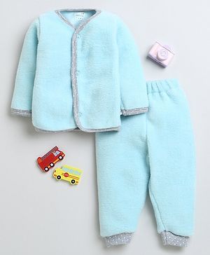 Bumzee Fur Full Sleeves Car Applique Detail Winter Wear Set - Blue