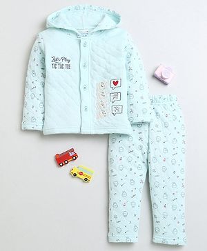 Bumzee Full Sleeves Bunny Embroidered Coordinating Hooded Winter Wear Set - Mint Green