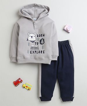 Bumzee Full Sleeves Teddy Bear Embroidered & Paw Printed Hooded Winter Wear Set - Navy Blue & Grey