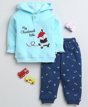 Bumzee Fleece Full Sleeves Teddy Printed Winter Wear Set - Blue & Navy