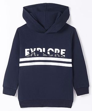 Bumzee Full Sleeves Typography Printed Hooded Sweatshirt - Navy Blue