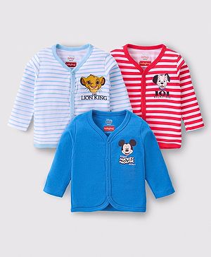 Babyhug Disney Interlock Cotton Knit Full Sleeves Front Open Jhablas with  Mickey Mouse 101 Dalmatians and Lion King Graphics Pack of 3 - Red & Blue