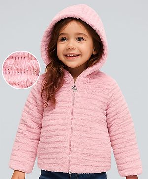 Babyhug Woven Full Sleeves Hooded Fur Winter Jacket with Solid Colour - Pink