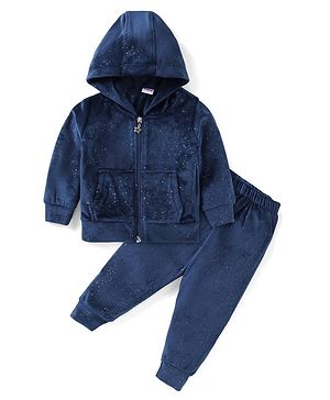 Babyhug Velour Woven Full Sleeves Hooded Winter Wear Suit with Fur  & Kangaroo Pockets - Navy Blue