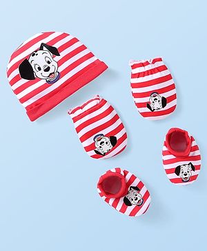 Babyhug Disney Interlock Knit Cap Mittens & Booties With 101 Dalmatians Graphics -Red