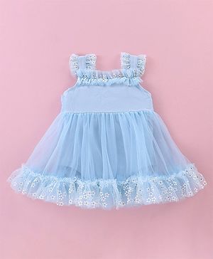 Mark & Mia Woven Sleeveless Party Frock with Floral Print & Frill Detailing - Sky Blue