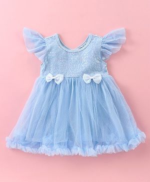 Mark & Mia Frill Sleeves Glitter Printed Party Frock Style Onesie with Sequin Detailing & Bow Applique - Light Blue