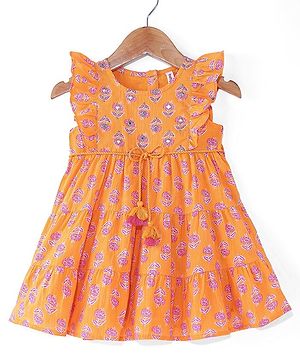 Babyhug Cotton Woven Cambric Frill Sleeves Floral Printed Ethnic Dress with Tassles & Mirror Work - Orange