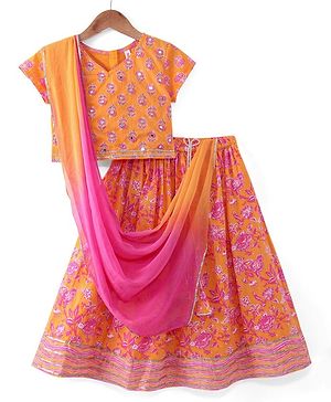 Babyhug Woven Half Sleeves Floral Print Choli Lehenga & Dupatta Set With Sequin Embroidery & Lace Detailing - Orange