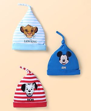 Babyhug Disney Interlock Knit Caps With Mickey Mouse 101 Dalmatians & Lion King Graphics Pack of 3 - Red Blue & Light Blue