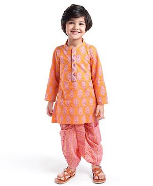 Babyhug Cotton Knit Full Sleeves Floral Printed Kurta Dhoti Set - Dark Peach